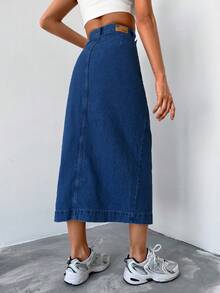 Cottnline Falda en mezclilla con botón delantero - Azul lavado oscuro - Ver 2