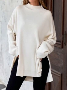 RueChic Plus Button Detail Drop Shoulder Split Hem Sweater, For Winter - Beige - View 4
