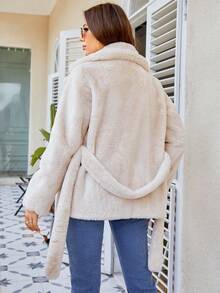 RELISH NOLESS Lapel Neck Belted Teddy Coat - Beige - View 2