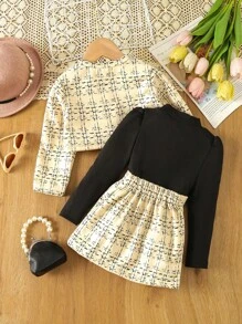 SHEIN Cô Gái Trẻ In kẻ sọc Áo khoác & Cổ giả Áo thun & Váy - màu đen - Xem 2