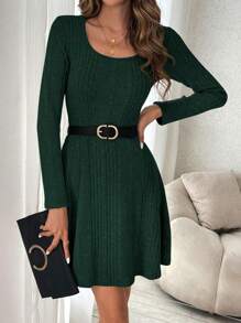 Chiquease Vestido unicolor de cuello scoop tejido de canalé sin cinturón - Verde Oscuro - Ver 5