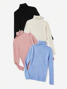 SHEIN EZwear 4pcs Chất rắn Áo cao cổ Đồ đan Ribbed Áo len - Nhiều màu - Xem 2