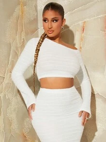 SHEIN SXY Cổ không đối xứng Áo phông Crop - trắng - Xem 3