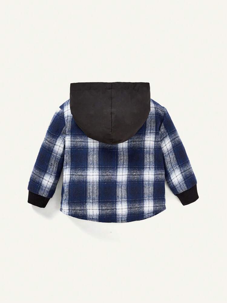 Baby Boy Plaid Print Letter Patched Hooded Coat