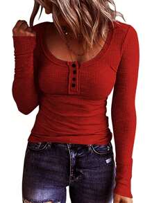 Half Button Scoop Neck Tee - Burgundy - View 1