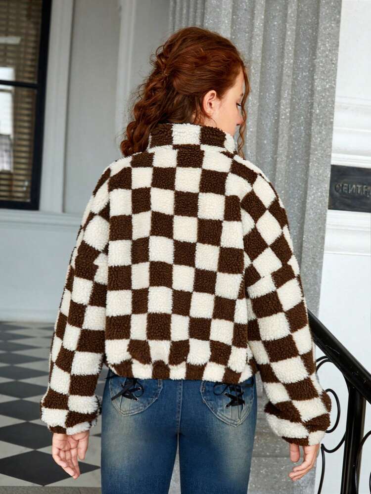 Teen Girl Checker Print Drop Shoulder Teddy Jacket