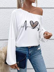 SHEIN LUNE Heart & Leopard Print Asymmetrical Neck Lantern Sleeve Tee - White - View 5