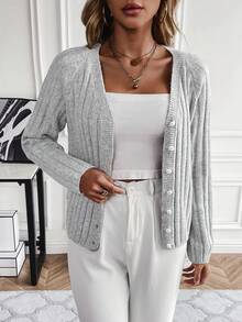 SHEIN Essnce Chất rắn Tay Raglan Nút phía trước Áo len Mở - Màu Xám nhạt - Xem 5