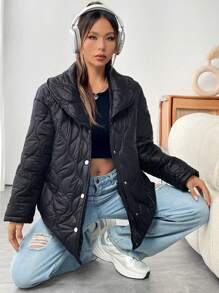 SHEIN Unity Shawl Collar Slant Pocket Quilted Padded Coat Clothes Winter - Black - View 5