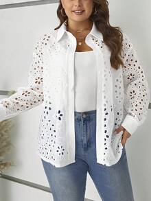 SHEIN LUNE Hơn Lỗ gắn thêu Nút phía trước Áo sơ mi - trắng - Xem 5