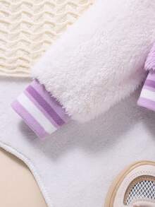 SHEIN Young Girl Letter Patched Striped Trim Colorblock Flannelette Jacket - Mauve Purple - View 4