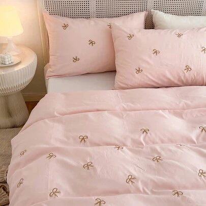 3pcs Bow Embroidered Duvet Cover Set (1 Duvet Cover And 2 Pillow Shams), Modern Bedroom Textile Bedding Set