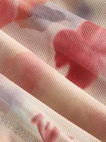 SHEIN MOD Plus Floral Print One Shoulder Mesh Top - Apricot - View 3