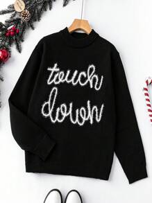 SHEIN LUNE 大碼字母圖案小高領套頭毛衣 - 黑色 - 查看 1