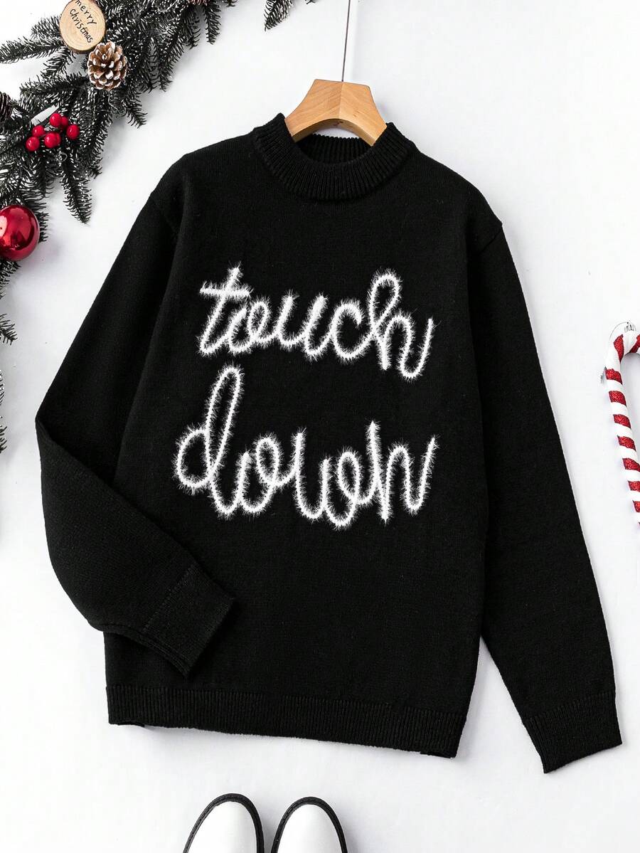 SHEIN LUNE 大碼字母圖案小高領套頭毛衣 - 黑色 - 查看 1