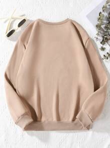 SHEIN 青少年女孩山和字母圖案加絨內裏套頭衫 - 卡其色 - 查看 2