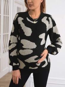 SHEIN Maternity Graphic Pattern Drop Shoulder Sweater - Black - View 3