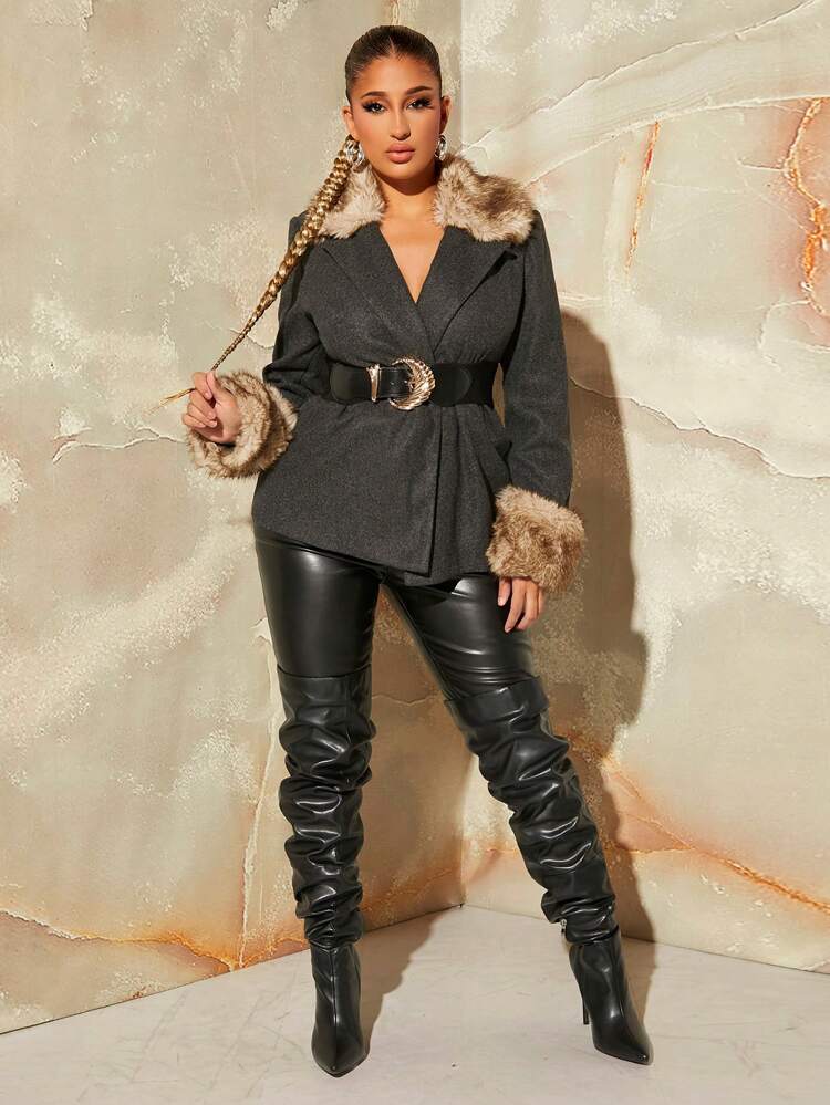 Fuzzy Collar Asymmetrical Hem Overcoat Without Belt