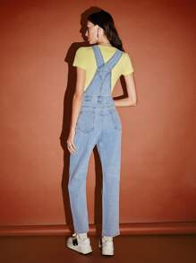 SHEIN EZwear Ripped Patched Pocket Denim Dungarees Without Tee - Light Wash - View 2