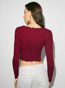 Muchica 木耳邊羅紋針織T恤 - 酒紅色 - 查看 2