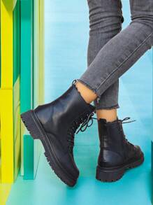 秋冬新款保暖内衬短靴，英伦风时尚百搭女鞋，保暖，黑色，系带和侧拉链设计，圆头高帮靴，厚底 - 黑色 - 查看 3