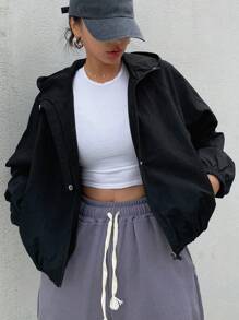 DAZY Slant Pockets Raglan Sleeve Hooded Jacket - Black - View 1