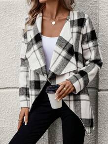 SHEIN LUNE Plaid Print Waterfall Collar Open Front Coat - Multicolor - View 4