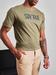 SHEIN 男士字母圖案T恤 - 綠色 - 查看 3