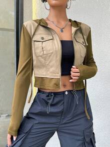 SHEIN Unity 雙色翻蓋口袋抽繩連帽短夾克 - 軍綠色 - 查看 6