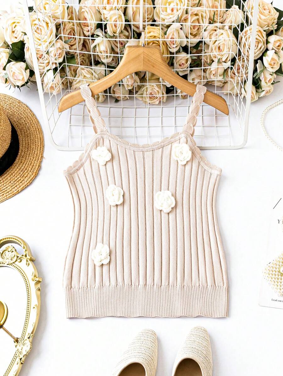 SHEIN LUNE Plus Stereo Flower Detail Ribbed Knit Top - Apricot - View 1