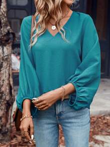 SHEIN LUNE Chất rắn Tay áo lồng đèn Áo sơ mi - Màu xanh lam - Xem 3