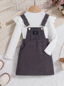 SHEIN Young Girl Ruffle Trim Tee & Letter Patched Overall Dress - Purple - View 1