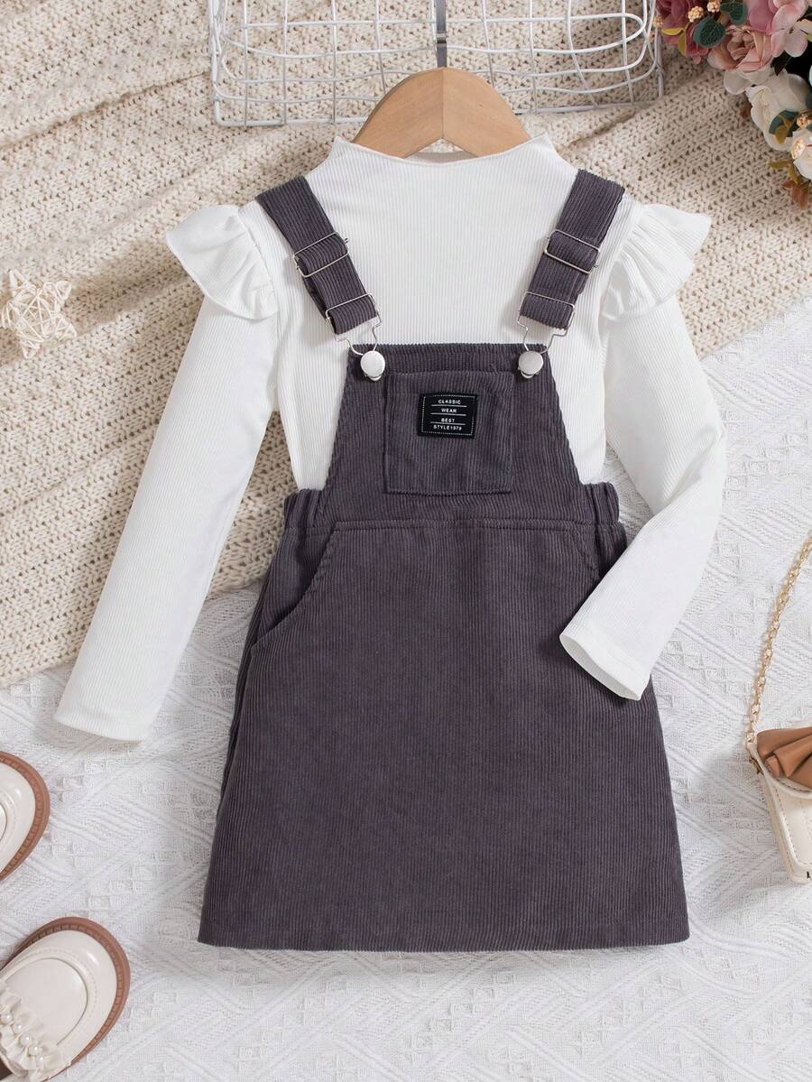 SHEIN Young Girl Ruffle Trim Tee & Letter Patched Overall Dress - Purple - View 1