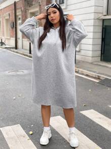 Flirla Plus Drop Shoulder Hooded Sweatshirt Dress - Grey - View 2