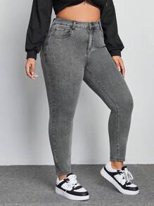 SHEIN ICON Plus Zipper Fly Skinny Jeans - Grey - View 5