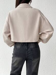 SHEIN EZwear 字母補丁細節翻蓋口袋落肩袖短夾克 - 杏色 - 查看 2