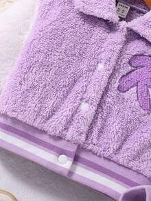 SHEIN Young Girl Letter Patched Striped Trim Colorblock Flannelette Jacket - Mauve Purple - View 5