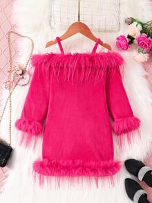 SHEIN Cô Gái Trẻ Trang trí Fuzzy Vai lạnh Đầm - Màu Hồng Tươi - Xem 2