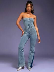 Denimoi Contrast Flare Leg Tube Denim Jumpsuit - Light Grey - View 1