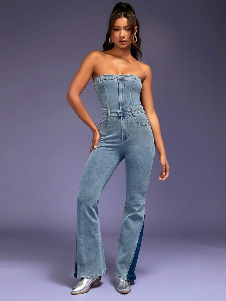 Denimoi Contrast Flare Leg Tube Denim Jumpsuit - Light Grey - View 1