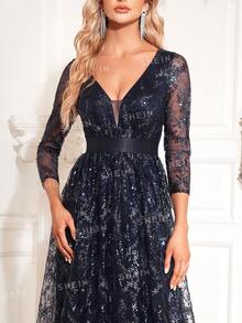 XUIBOL Plunging Neck Sequin Formal Dress - Navy Blue - View 8