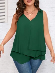 SHEIN Clasi Plus Solid Sleeveless Blouse - Dark Green - View 1
