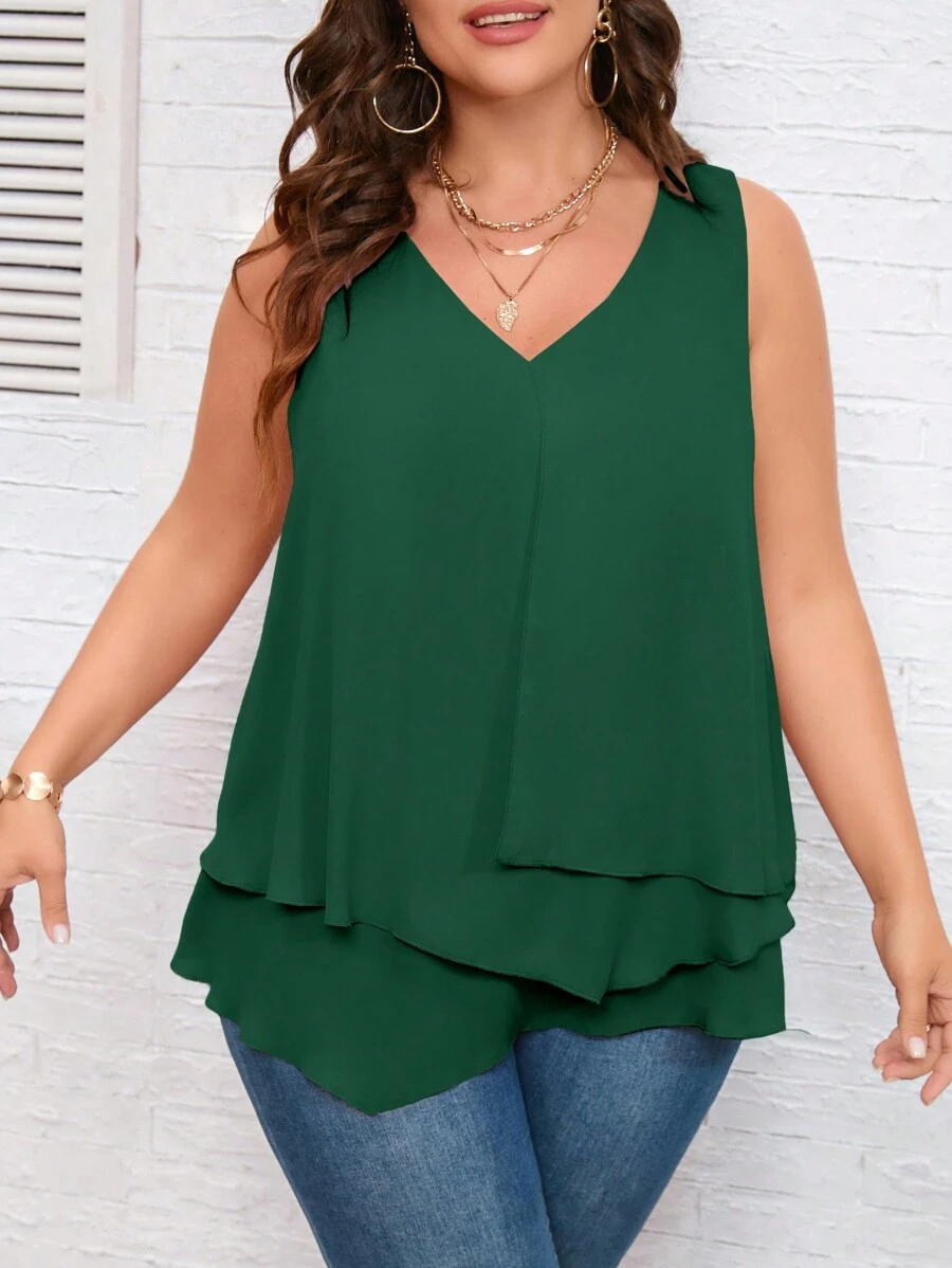 SHEIN Clasi Plus Solid Sleeveless Blouse - Dark Green - View 1