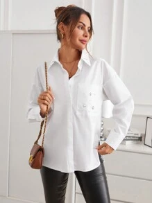 SHEIN Privé 素色口袋貼布前紐扣襯衫 - 白色 - 查看 6