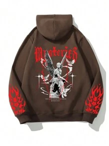 ROMWE MEN Street Life Nam Lá thư & In điêu khắc Túi kangaroo Dây rút Áo hoodie ấm áp - Rỉ Nâu - Xem 1