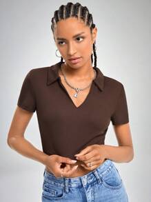 SHEIN EZwear Collared V-neck Rib-knit Tee - Chocolate Brown - View 1