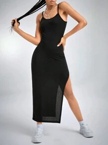 SHEIN Essnce Adjustable Strap Split Thigh Cami Dress - Black - View 3