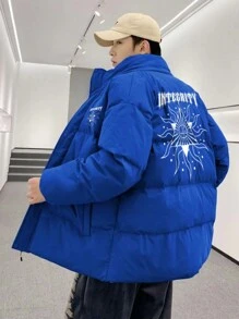 Claim Dot Loose Fit Men's Padded Coat With Letter Print - Blue - View 1