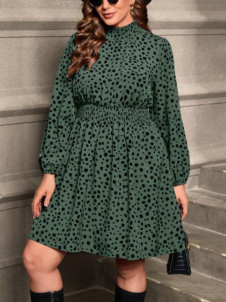 SHEIN Clasi 大碼斑點印花燈籠袖洋裝 - 綠色 - 查看 1