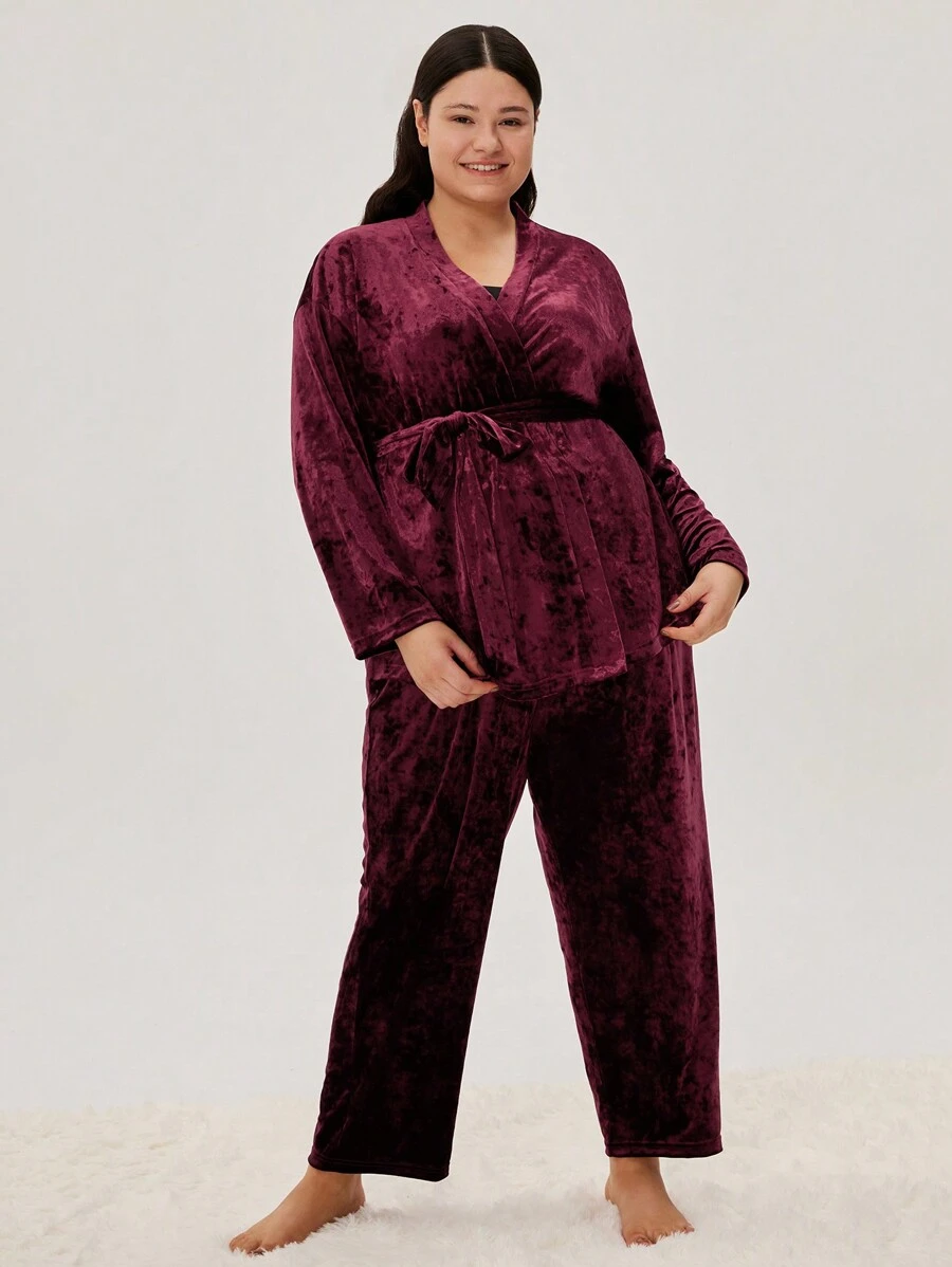 LUVLETTE 大碼絲絨家居服套裝 - 酒紅色 - 查看 1